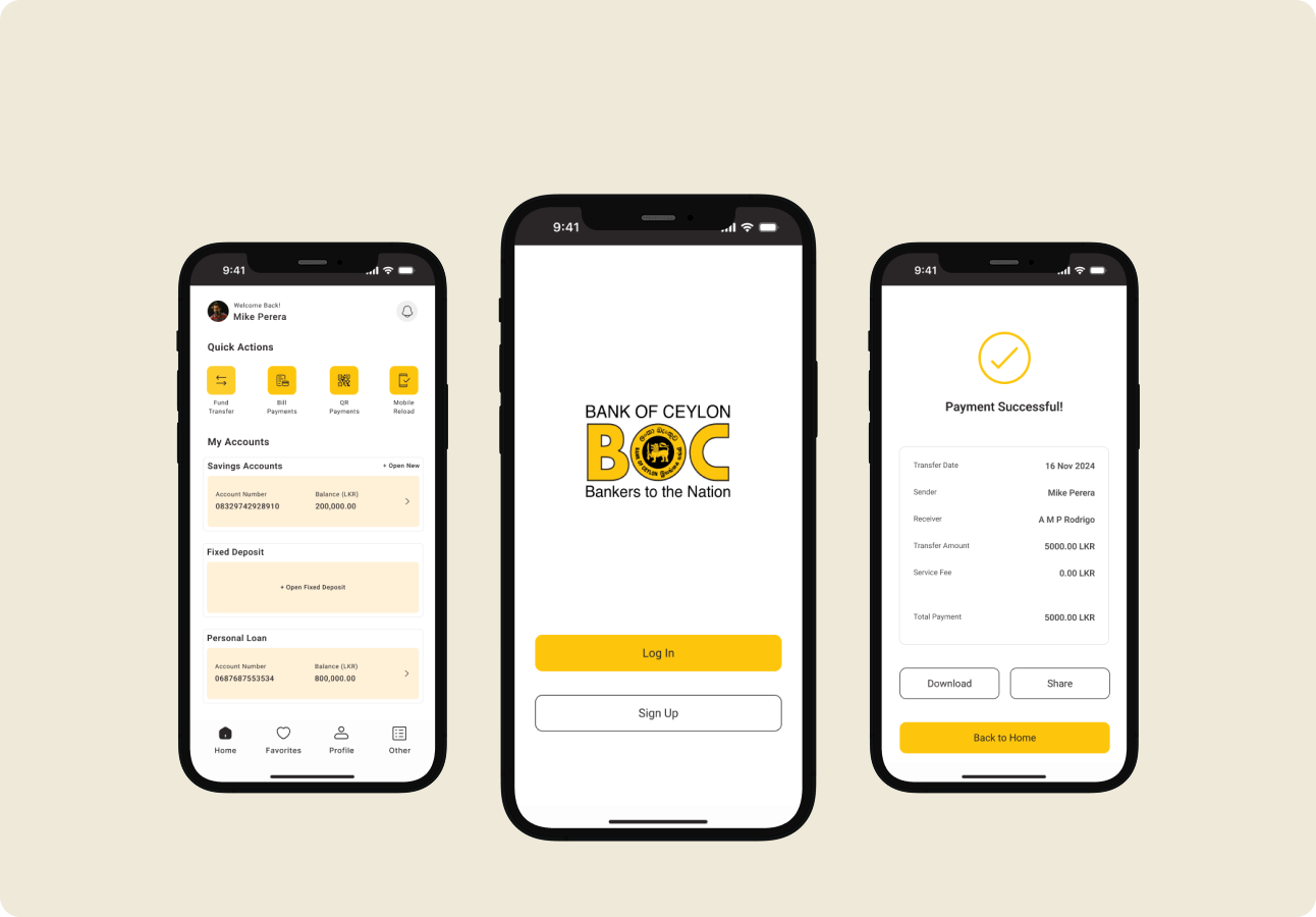 BOC app screens: dashboard, login and payment success
