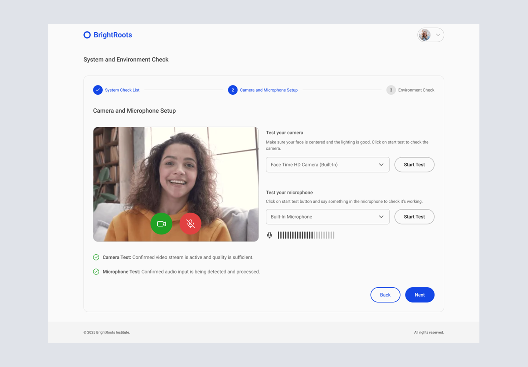 BrightRoots system and environment check screen