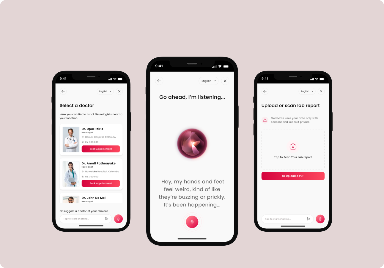Doc990 app screens: doctor selection, voice assistant and lab report upload