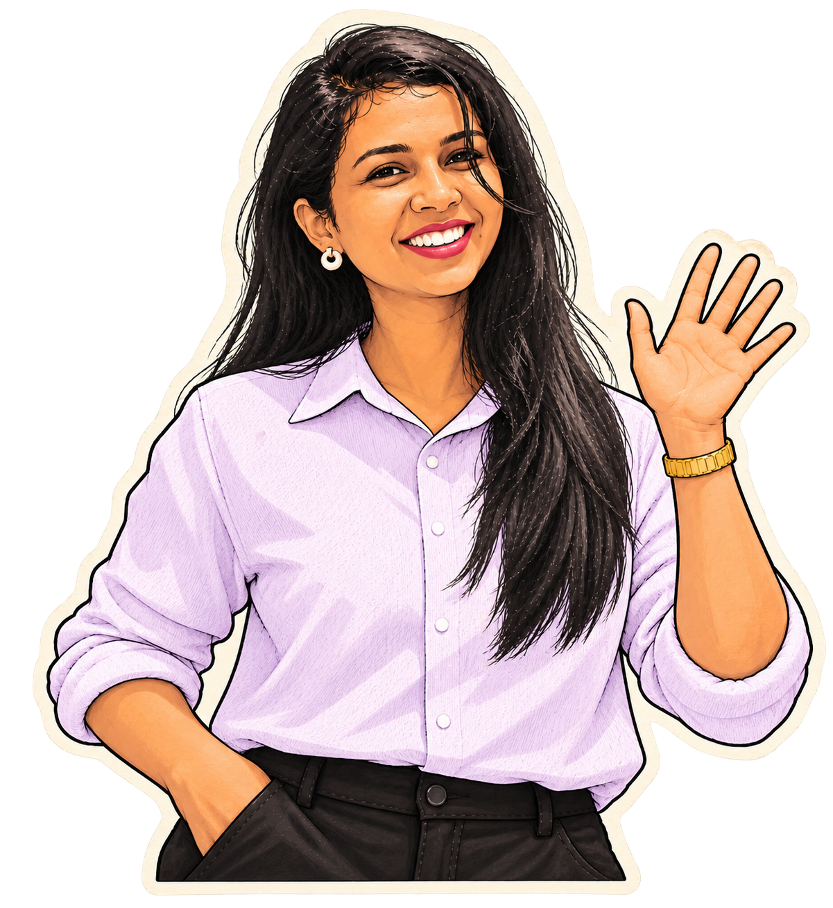 Illustrated portrait of Shivanthi waving
